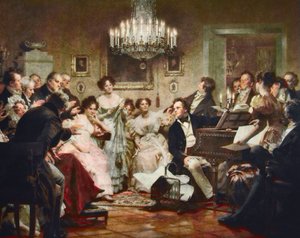 Franz Schubert (1797-1828) u klavíru během Schubertova večera ve vídeňském salonu - rytina podle Julia Schmida (1854-1935)