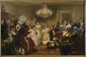Schubert u klavíru během Schubertova večera ve vídeňském salonu... (olejomalba) od Julius Schmid