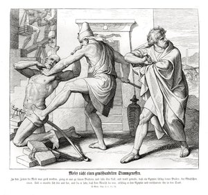 Mojžíš pomstí špatné zacházení se svými bratry, Exodus od Julius Schnorr von Carolsfeld
