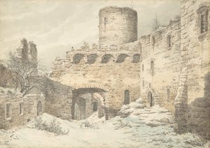 Zimní pohled na nádvoří středověkého hradu v ruinách, 1832. od Julius von Leypold