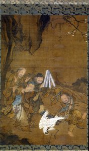 Immortals Dancing with a Crane (inkoust a barva na hedvábí) od Jun Liu
