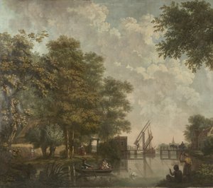 Tři nástěnné tapety s holandskou krajinou Tapetová malba holandské krajiny s otevřeným mostem Tři tapety holandské krajiny od Jurriaan Andriessen (attributed to)