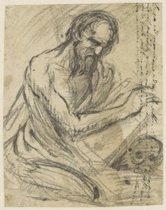 H. Hieronymus, píšící do knihy, kterou drží nad lebkou od Jusepe de Ribera