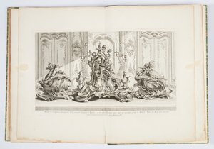 Projekt na stříbrnou sochu hlavního stolu a dvou terin...proveden pro Millorda Kinstona (sic) v roce 1735 (Návrh pro středobod a dvě věže pro vévodu z Kingstonu v roce 1735) deska 115 v díle Just-Aurele Meissonnier od Juste Aurèle Meissonnier