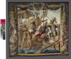 Bitva o Actium z Příběhu Caesara a Kleopatry, dílna Williama van Leefdaela, kolem roku 1680