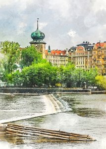 Pražská vodárenská věž u řeky od Justyna Jaszke