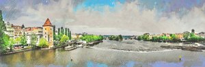 Náčrt pohledu na město u řeky od Justyna Jaszke