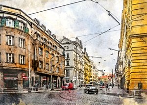 Akvarel: Evropská tramvajová ulice od Justyna Jaszke