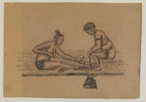 Ilustrace k legendě Inuitů (dvě nahé osoby zapalující oheň)