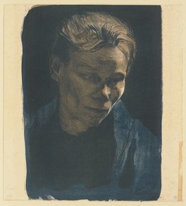 Portrét ženy z dělnické třídy v polodélném zobrazení s modrým šálem od Käthe Kollwitz