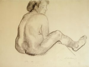 Käthe Kollwitz, sedící ženský akt zezadu doprava