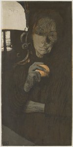 Portrét neznámé ženy s oranžovou u lampy Frau mit Orange (původní název) od Käthe Kollwitz