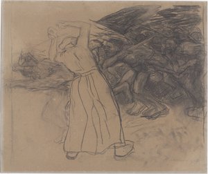 Stojící lidová žena povzbuzuje postupující skupinu mužů Losbruch (původní název) od Käthe Kollwitz