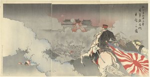 Spojenecké síly zaútočí na Peking; japonské jednotky před branou Chaoyang. Rengogun Pekin Hogebi Nichi zbraň Ehoyomon senryo no zu (titul na předmětu)