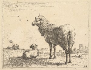 Dospělá ovce v tříčtvrtečním pohledu stojí a dívá se doleva, vedle ní leží jehně..., ca. 1655.