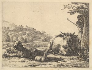 Kráva, dospělá ovce a mladé ovce ležící v trávě, za nimi částečně stojí pastýř ..., 1656. od Karel Du Jardin