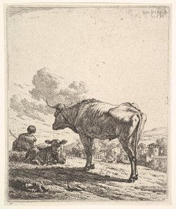 Pastevec krav s krávou a teletem na svahu, pasáček při pohledu zezadu a sedící v ..., 1658. od Karel Du Jardin