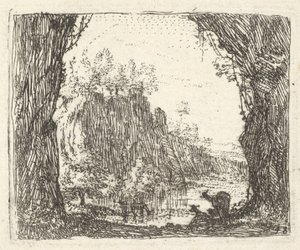 Krajina lemovaná stromy v levém a pravém popředí, siluety dvou goa..., ca. 1641-78. od Karel Du Jardin