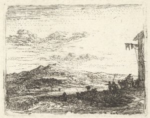 Krajina s rohem budovy a markýzou zcela vpravo, dvě postavy a kůň-..., ca. 1641-78. od Karel Du Jardin