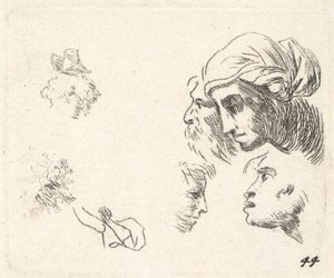 Studie hlav v pohledu z profilu, žena s pokrývkou hlavy a vousatý muž, jehož hlavy ..., ca. 1641-78. od Karel Du Jardin