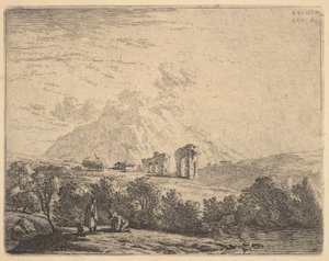 Pohled na svah s ruinami akvaduktu a horského útesu za ním, v popředí m..., 1658. od Karel Du Jardin