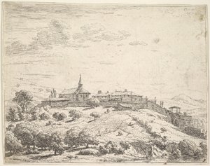 Opevněná vesnice na kopci s kostelem vlevo a budovami postavenými na svahu..., 1658. od Karel Du Jardin