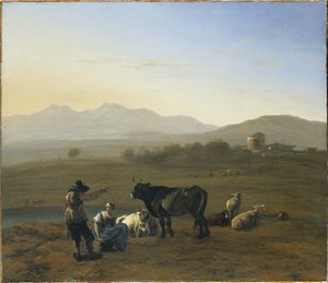 Rozsáhlá krajina v římské Campagna, s dobytkem a pastýři, 1975
