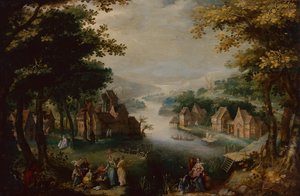 Nalezení Mojžíše s elegantním párem, sluhou a lovcem (olej na dřevě) od Karel van (circle of) Mander