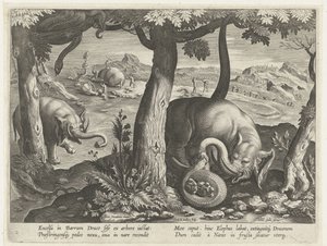 Olifant se v boji setkal se slangem Jachttaferelen (název série) Lov divoké zvěře, drůbeže a ryb v Bestiáři (název série) od Karel van Mallery (attributed to)