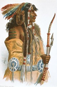 Indián Mandan, kolem 1833-34 (barevné lito)