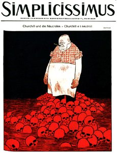 Obálka německého časopisu Simplicissimus (asi ) zobrazuje Churchilla a řeku krve a lebek. asi 1940 (litografie)