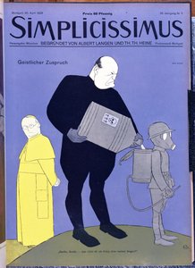 Papež Pius XI (1857-1939) a Benito Mussolini (1883-1945) na titulní straně časopisu Simplicissimus, 30. dubna 1928 (barevná litografie)