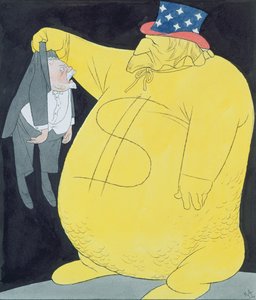 Strýček Sam jako pytel dolarů s Poincare (akvarel, pero a tuš na papíře)
