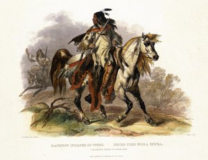 Černonohý indián na koni, deska 19 ze svazku 1 „Cesty ve vnitrozemí Severní Ameriky“, vyrytý Leopold Beyer (1784-c.1870) 1843 (akvatinta) od Karl Bodmer