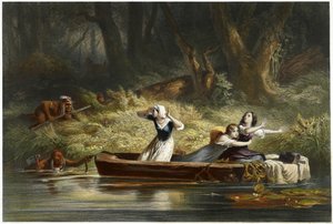 Zajetí dcer Daniela Boonea a Richarda Callawaye Indiány, hospoda. 1852 (barevná rytina) od Karl Bodmer
