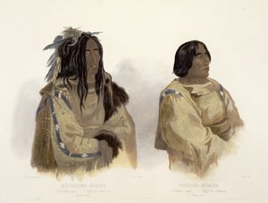 Mehkskeme-Sukahs, Blackfoot Chief a Tatsicki-Stomick, Piekann Chief, deska 45 ze svazku 2 „Cesty ve vnitrozemí Severní Ameriky“, vyryto Allaisem, 1844 (akvatinta) od Karl Bodmer