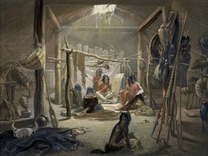 Interiér chatrče Mandanského náčelníka, deska 19 z 2. dílu Cesty po vnitrozemí Severní Ameriky, vyryla Narcisse Desmadryl, 1844 barevný detail akvatinty z 103848 od Karl Bodmer