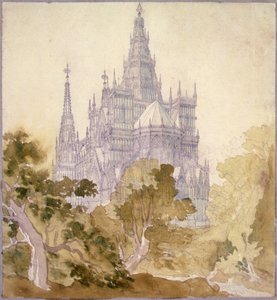 Zalesněná krajina s gotickým kostelem (tužka, inkoust a akvarel) od Karl Friedrich Schinkel