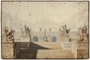Armida. Opera Christopha Willibalda Glucka. Návrh pro 1. dekoraci. Palác se schodištním komplexem od Karl Friedrich Schinkel