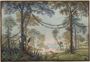 Armida. Opera Christopha Willibalda Glucka. Návrh 3. dekorace. Hájek ozdobený girlandami na břehu jezera od Karl Friedrich Schinkel