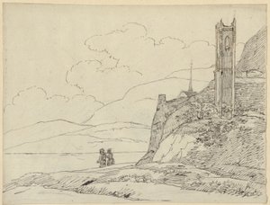 Horská krajina se zříceninami věže a postavami od Karl Friedrich Schinkel