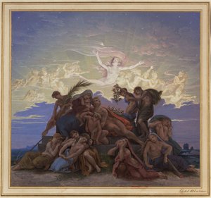 Berlín. Staré muzeum u Lustgartenu. Návrh nástěnné malby „Smutek u mohyly“ od Karl Friedrich Schinkel