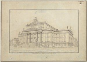 Berlín. Činoherní divadlo na Gendarmenmarktu. Perspektivní pohled na průčelí od Karl Friedrich Schinkel