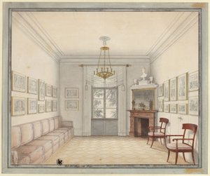 Berlín. Zámek Charlottenburg, zámecký park, Nový pavilon (Schinkelův pavilon). Pohled na Bílý pokoj jako vzor pro úpravu místností v horním patře od Karl Friedrich Schinkel