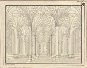 Berlín, Spittelmarkt. Návrh kostela svaté Gertrudy. Pohled do interiéru, skrze loď směrem k chóru od Karl Friedrich Schinkel