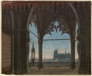 Panna orleánská. Tragédie Friedricha Schillera. Návrh pro 8. dekoraci. Gotický sál s výhledem na Remeš od Karl Friedrich Schinkel