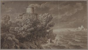 Skalnaté mořské pobřeží s majákem v antickém stylu na rozbouřeném moři od Karl Friedrich Schinkel