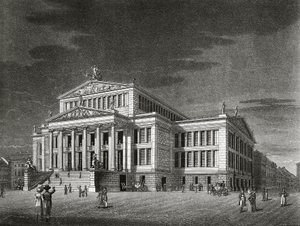 Německo, Berlín, Pohled na Schauspielhaus (koncertní sál), rytina Karl Friedrich Schinkels (1781-1841) od Karl Friedrich Schinkel