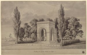 Lützen. Návrh pomníku švédského krále Gustava II. Adolfa v podobě románské síně nad Švédským kamenem s připojenou apsidou. Pohled od Karl Friedrich Schinkel