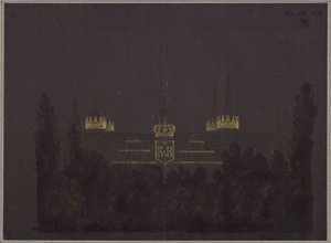Merseburg. Zámek. Návrh osvětlení zámku u příležitosti oslav holdování pruskému králi Fridrichu Vilémovi III. od Karl Friedrich Schinkel